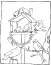 Download de kleurplaat Hoera, ik heb een dierenvriendje! met vogels in een vogelhuisje